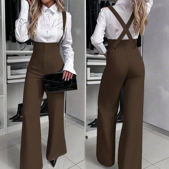 Coffee Brown Elegant Women's Spaghetti Strap Wide Leg Jumpsuit - Picture 1 of 6